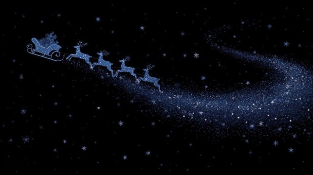 Digital illustration of santa claus flying in his sleigh with six reindeer. the sleigh is blue in color and is decorated with white snowflakes.