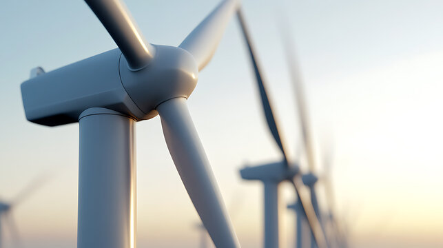 Wind turbines stand against the sky, harnessing renewable energy with their rotating blades. A sustainable power source in a bright, clean environment. Eco-friendly tech.