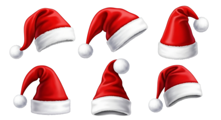 Assortment of red santa hats with white fur trim and pompom, isolated on transparent background