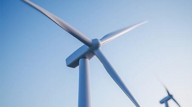 Capture of wind turbines against a clear blue sky, symbolizing sustainability, green energy, and environmental consciousness. The blades convey motion and innovation.