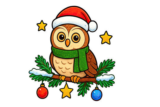Cute cartoon owl wearing Santa hat and green scarf sitting on pine branch with ornaments and stars isolated on white background