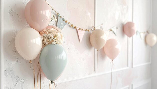 パステルカラーのバルーンと花が彩る室内装飾の柔らかな風景
