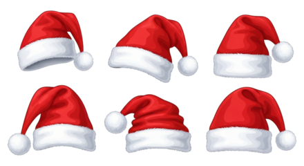 A collection of six red santa hats with white trim and fluffy pompoms, each in a different angle, isolated on a transparent background