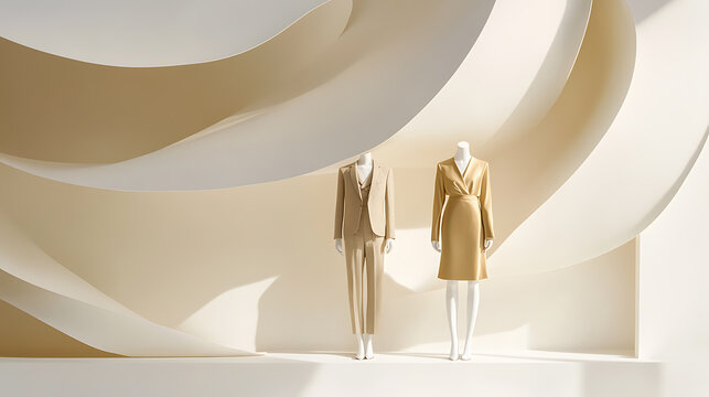 Sophisticated fashion on mannequins set against a backdrop of abstract curves, emphasizing modern elegance and refined style. A serene composition of neutral tones.