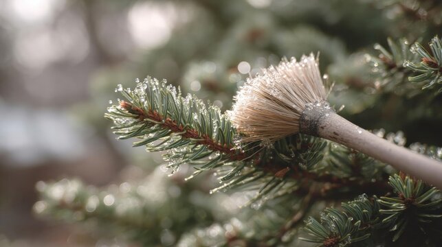 Close-up of a pine tree branch with a brush resting on it. the branch is covered in small droplets of water droplets, indicating that it has recently rained.