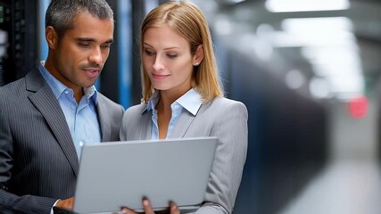 Professionals reviewing data on laptop in server room - Powered by Adobe