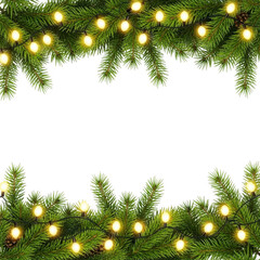 Christmas tree branch border with yellow fairy lights isolated on transparent background