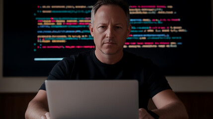 Focused man working on his laptop, lines of code are displayed on a large screen behind him, concentrating on solving a difficult problem.