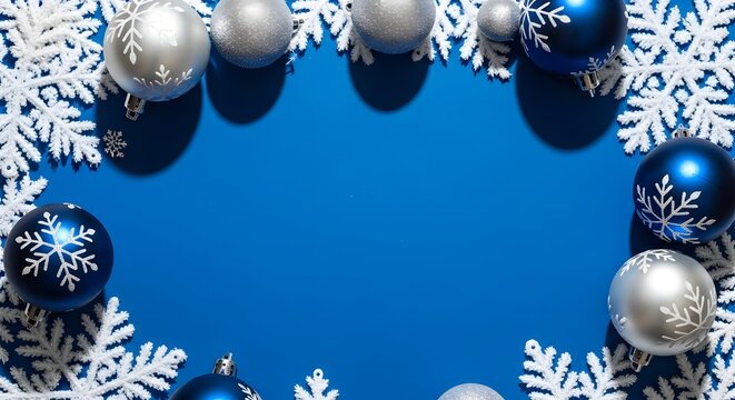 Festive blue christmas ornaments and snowflakes frame a vibrant blue background