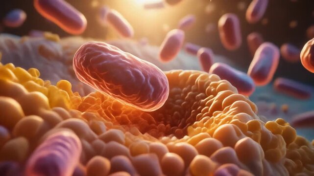 Detailed visualization of microscopic bacteria interacting with cellular receptor proteins on a membrane surface, initiating an endosome sorting process