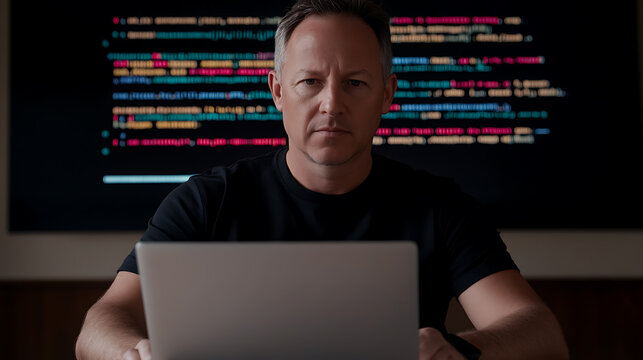 Focused man working on his laptop, lines of code are displayed on a large screen behind him, concentrating on solving a difficult problem.