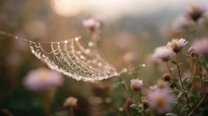 Close-up of a spider web covered in dew drops. the web is in the center of the image, with the droplets glistening in the sunlight.