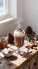 Rustic Holiday Hot Cocoa Flat Lay with Natural Light and Warm Tones 