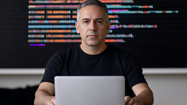 Focused coder working on a laptop, illuminated by the colorful glow of programming code in the background. A serious look shows their commitment to the task at hand. - Powered by Adobe