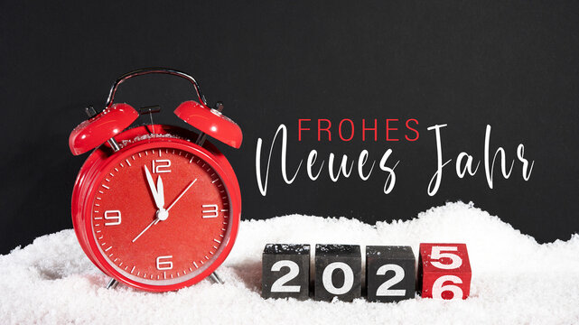 Frohes neues Jahr Silvester Party Neujahr Gru&szlig;karte mit deutschem Text - Countdown Wecker und W&uuml;rfel mit wechselnder Jahreszahl 2025 - 2026 im Schnee
