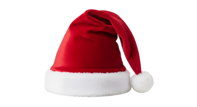 A classic red santa hat with a white fluffy trim and pompom, isolated on a transparent background - Powered by Adobe
