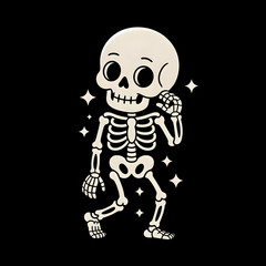Adorable cartoon skeleton character striking a fun dance pose with sparkling stars on a black background. Perfect for Halloween designs, t-shirts, stickers, or playful spooky artwork.
