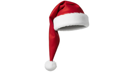 A traditional red santa hat with a soft white brim and pompom, isolated on a clean transparent background