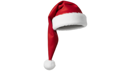 A traditional red santa hat with a soft white brim and pompom, isolated on a clean transparent background
