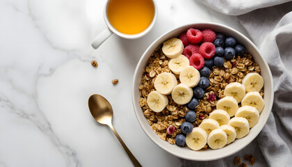 Vibrant granola bowl, brimming with fresh fruit and wholesome goodness. A delicious and nutritious breakfast for a healthy lifestyle.