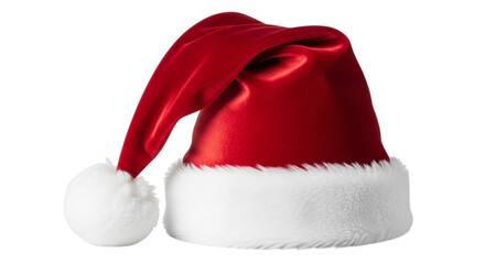 A festive red santa hat with fluffy white trim and a pompom, presented isolated on a transparent background