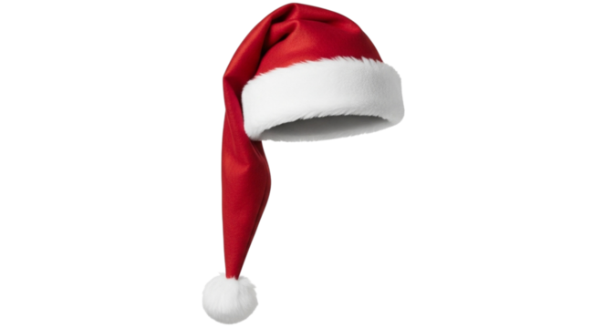 A traditional red santa hat with a soft white brim and pompom, isolated on a clean transparent background