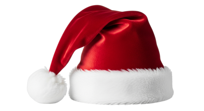 A festive red santa hat with fluffy white trim and a pompom, presented isolated on a transparent background