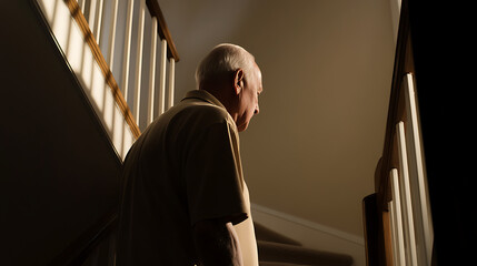 An elderly man descends stairs in his home, light streaming through the railing, casting shadows and highlighting his posture, capturing the vulnerability of age and the quiet passage of time.