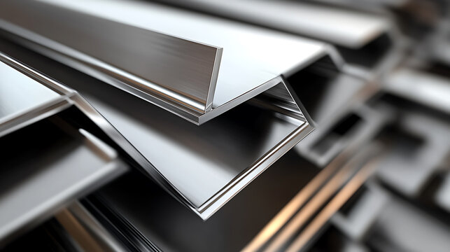 Stacked metal angle bars present a geometric pattern. The reflective surfaces and precise lines create a modern aesthetic, highlighting industrial design.