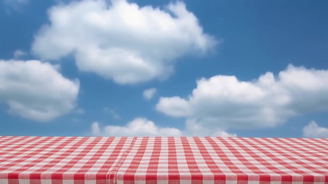 Red and white checkered tablecloth under bright blue sky with scattered clouds, evoking picnic nostalgia, outdoor warmth, and casual celebration.