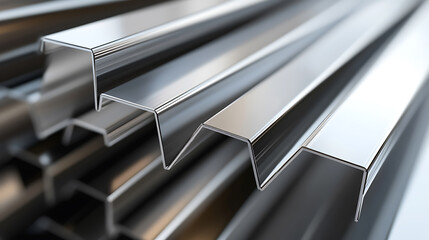 A close-up showcases shiny, precision-engineered metal channels, revealing intricate detail. Metallic reflections emphasize the geometric precision and the material's polished finish.