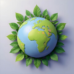 3D illustration of Earth surrounded by green leaves symbolizing nature, ecology, and sustainability. Concept art promoting environmental care, renewable energy, and eco-friendly living.