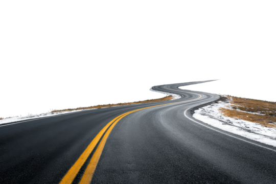 Winding Asphalt Road with Double Yellow Lines and Snow- Covered Grassy Shoulder on a Black Background, Isolated On White Background, Png Transparent
