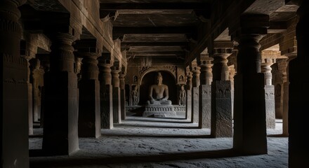 Ancient buddhist cave temple with stone pillars and buddha statue in dim light