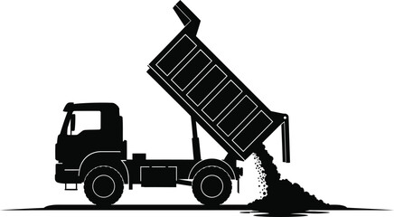 Silhouette of a dump truck unloading materials, isolated on white background, showcasing construction equipment and industrial transportation in a vector graphic