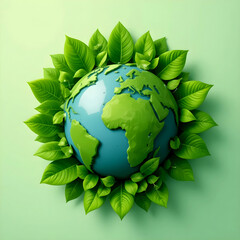 3D illustration of Earth surrounded by fresh green leaves, representing ecology, nature conservation, and environmental sustainability on a soft green background. Perfect for eco-friendly themes.