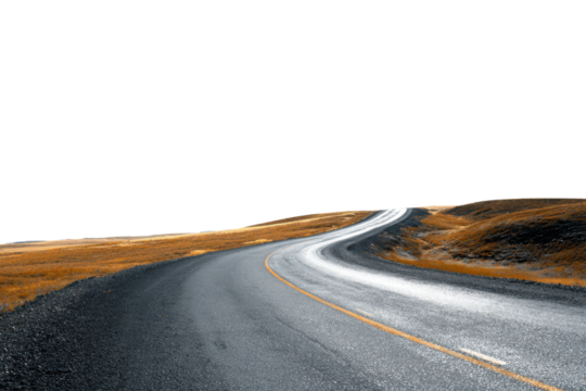 Winding Asphalt Road with Yellow Double Lines Through a Grassy Landscape on a Transparent Background, Isolated On White Background, Png Transparent - Powered by Adobe
