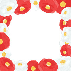 手書きの紅白椿で囲んだ華やかな正方形フレーム