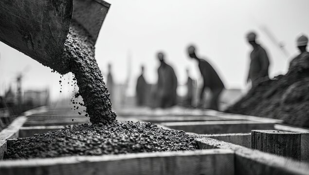 Monochrome image of concrete pouring into wooden forms on a construction site