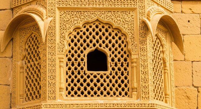 Intricate stone lattice window on historic building facade