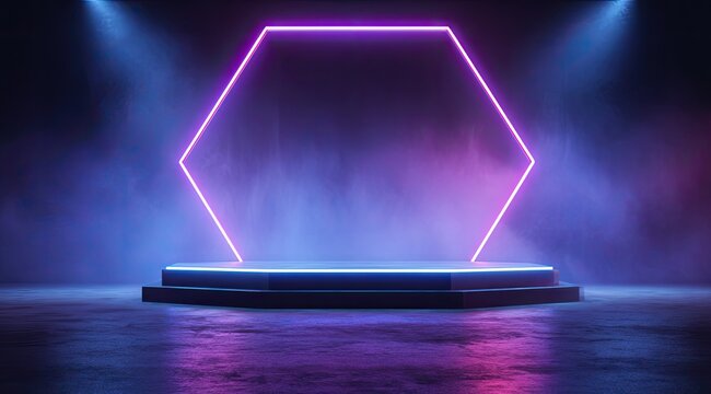 Glowing neon hexagon framing a raised platform bathed in purple and blue stage lighting against a hazy background