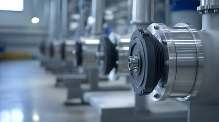 Fototapeta premium Pipes and joints, industrial equipment, metal, valves, and factory assembly in a clean and orderly environment. Modern machinery used for manufacturing processes.