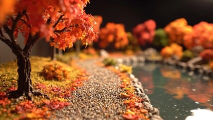 Miniature autumn scene trees, leaves, pebble path, and river