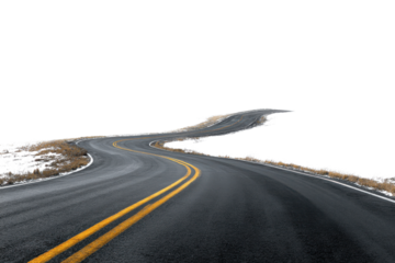 Winding Asphalt Road with Yellow Double Lines Through a Grassy Landscape on a Transparent Background, Isolated On White Background, Png Transparent