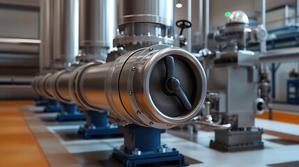 Fototapeta premium A row of industrial metal pipes with a valve in the foreground. The pipes appear to be part of a larger system, possibly in a manufacturing or industrial setting, engineering marvel.