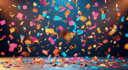 Dynamic celebration featuring vibrant confetti falling, creating a festive atmosphere, perfect for event graphics on transparent background.