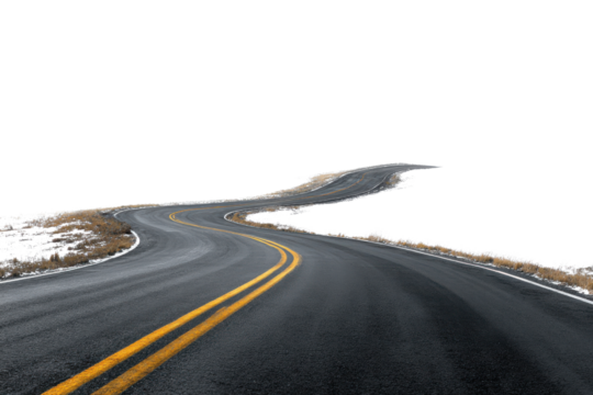 Winding Asphalt Road with Yellow Double Lines Through a Grassy Landscape on a Transparent Background, Isolated On White Background, Png Transparent