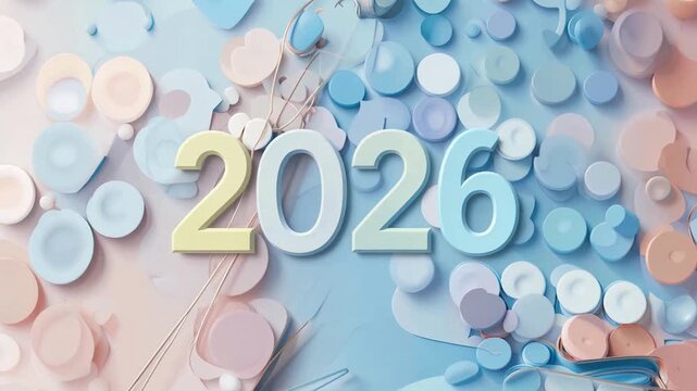 Soft pastel 3D numbers 2026 on a textured background with scattered circular shapes.