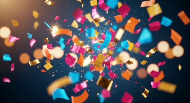 Festive explosion of colorful confetti, golden accents, and shimmering lights creating a celebratory mood, ideal for graphic design on transparent background