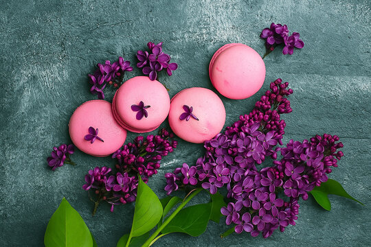 A visually appealing arrangement of pink macarons with small decorative purple flowers on a dark textured surface, accompanied by sprigs of purple lilacs and green leaves.